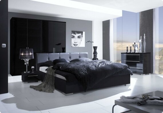 Schlafzimmer Domicilio Bett Schrank schwarz Hochglanz Lack Italien